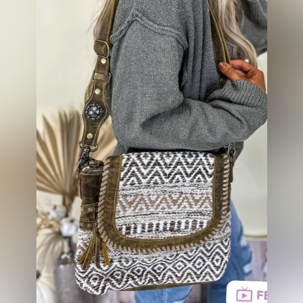 Myra Bag Brown and White Boho Crossbody with Olive Trim